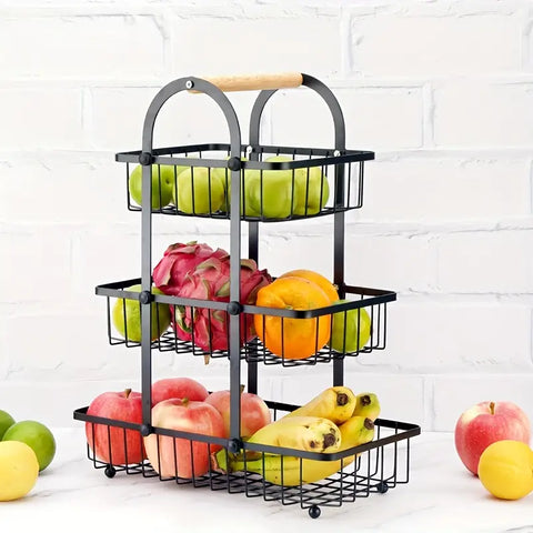 3-Tier Creative Hollow Mesh Fruit Basket with Wooden Handle