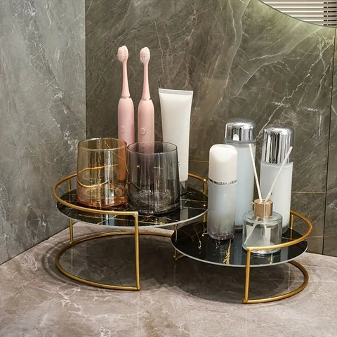 2 Pc Large And Small Makeup Organizer Bathroom Organizer ( Metal and Marble Arcylic)