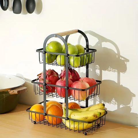 3-Tier Creative Hollow Mesh Fruit Basket with Wooden Handle