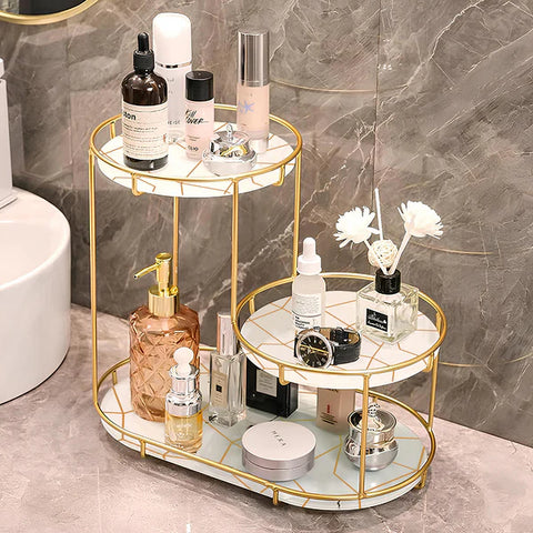 3-Tier Golden Vanity Stand" or "3-Tier Cosmetic Makeup Organizer Stand.