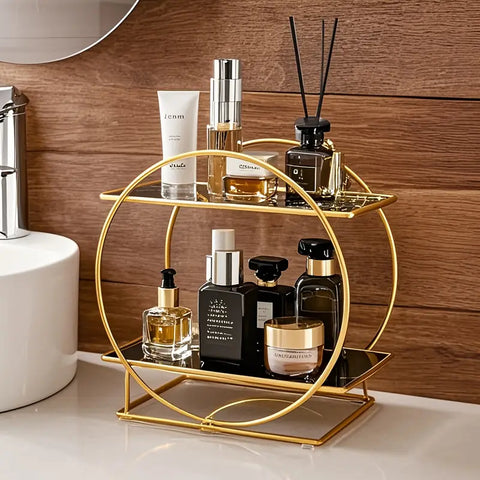 2 Tier Elegant Golden Round Makeup Organizer