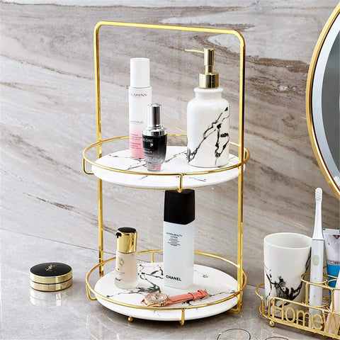 3 Layer Cosmetic, Perfume and Multi-Purpose Storage Rack" with a golden frame and reflective surfaces.