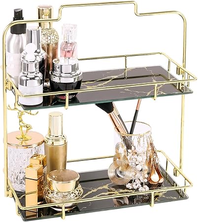 2 Tier Handle Makeup organizer 9 Metal And MArble Texture Arcylic)