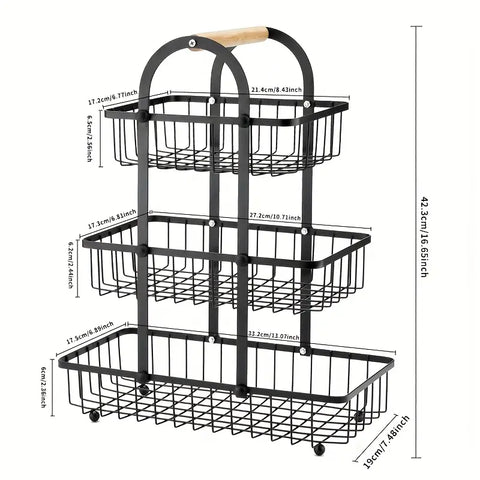 3-Tier Creative Hollow Mesh Fruit Basket with Wooden Handle