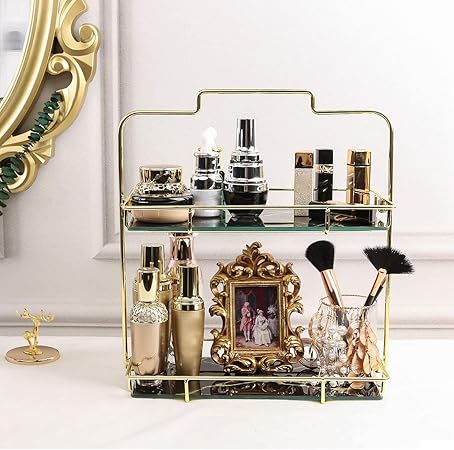 2 Tier Handle Makeup organizer 9 Metal And MArble Texture Arcylic)