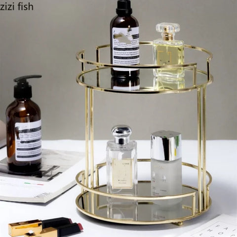 3 Layer Cosmetic, Perfume and Multi-Purpose Storage Rack" with a golden frame and reflective surfaces.