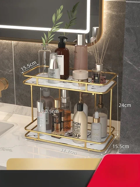 2 Tier Luxury Marble Textured Makeup Organizer with Gold Frame