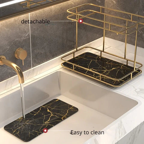 2 Tier Luxury Marble Textured Makeup Organizer with Gold Frame