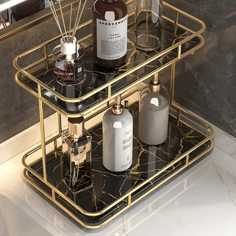 2 Tier Luxury Marble Textured Makeup Organizer with Gold Frame