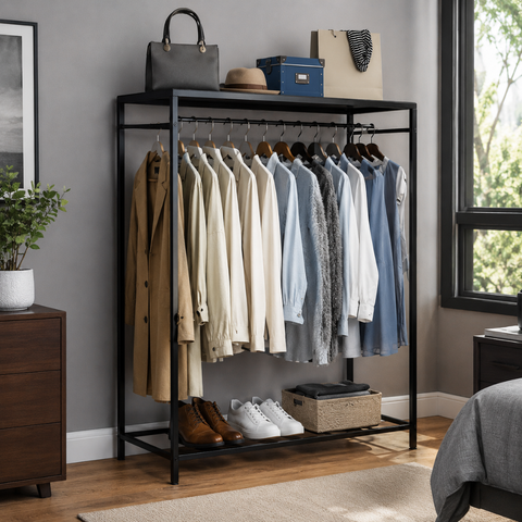 Double Sided Clothes Hanging Stand With Wooden Shelf