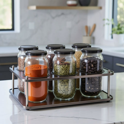 6 (1000 ml) Glass Jars with Wooden Rack and Free 16 waterproof stickers