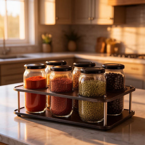 6 (1000 ml) Glass Jars with Wooden Rack and Free 16 waterproof stickers