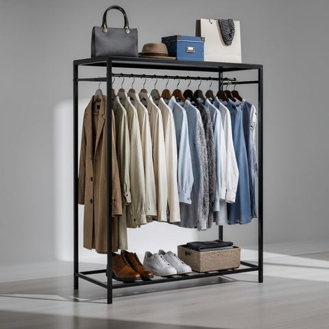 Double Sided Clothes Hanging Stand With Wooden Shelf