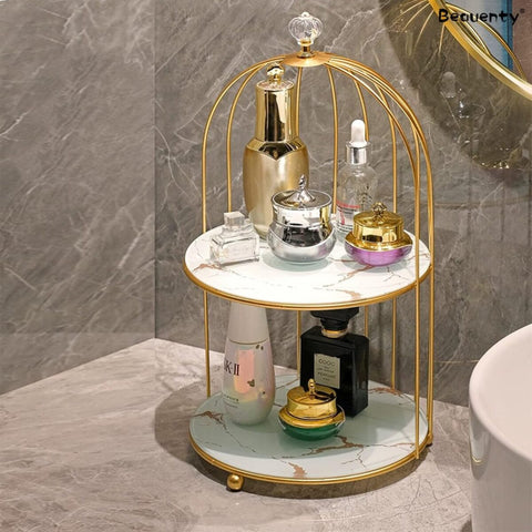 2-Tier Golden Vanity Cage" makeup organizer