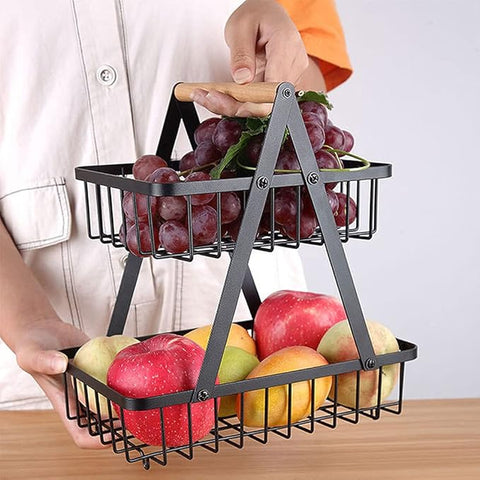 Wooden Handle 2 Tier Basket