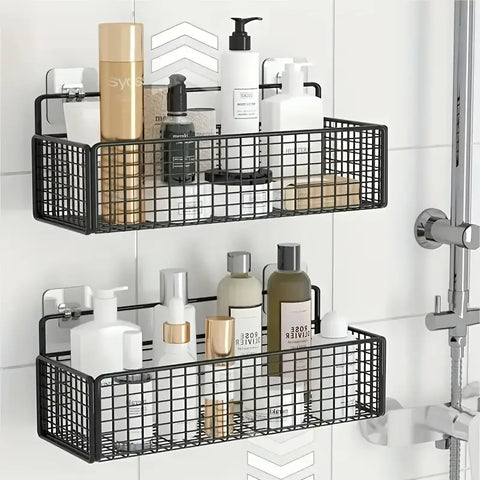 2 Pc wall mounted metal basket with self adhesive hooks