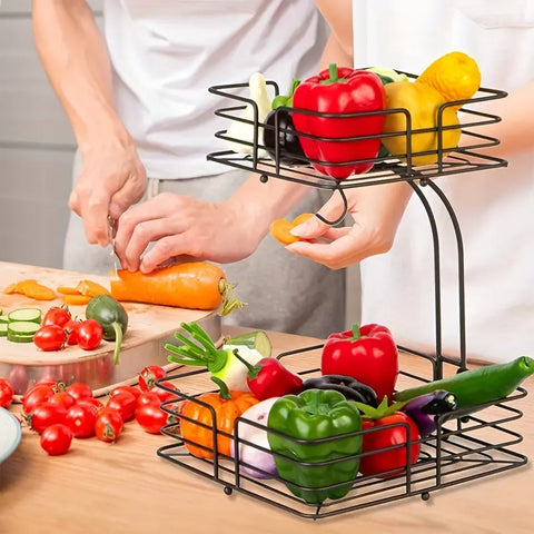 2-Tier Square Fruits and Vegetables Basket with Banana Hook