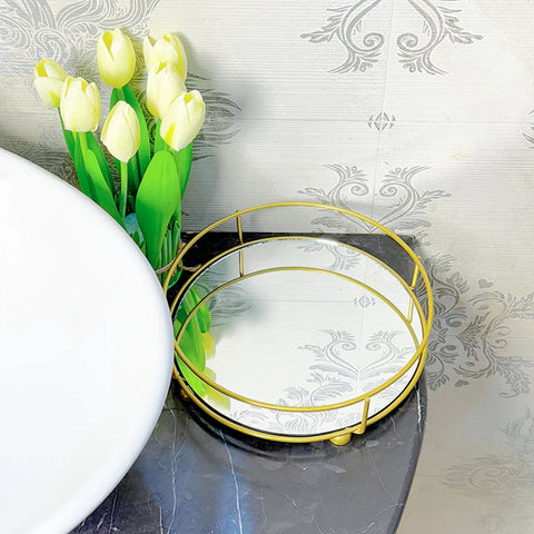 Round Gold Metal Mirror Vanity Tray with Handle
