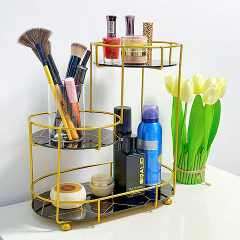 3-Tier Golden Vanity Stand" or "3-Tier Cosmetic Makeup Organizer Stand.