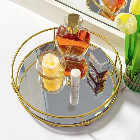 Round Gold Metal Mirror Vanity Tray with Handle