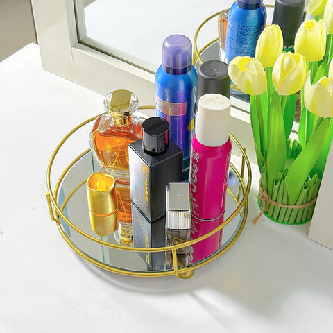 Round Gold Metal Mirror Vanity Tray with Handle