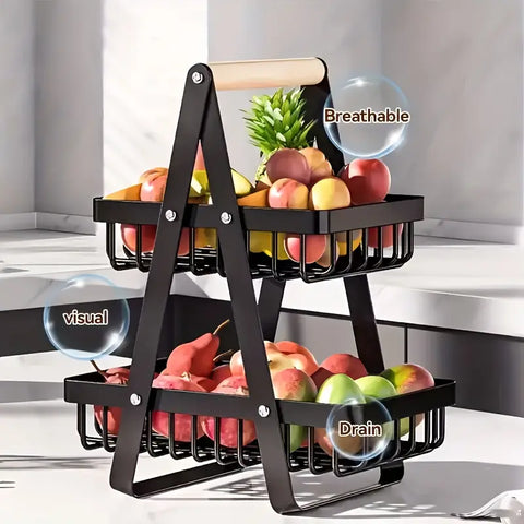 Wooden Handle 2 Tier Basket