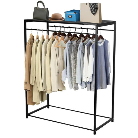 Double Sided Clothes Hanging Stand With Wooden Shelf