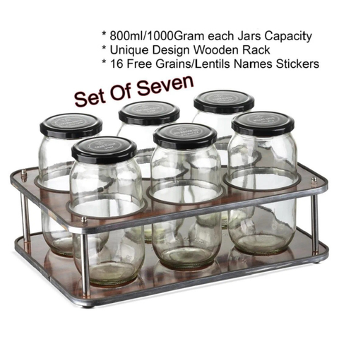6 (1000 ml) Glass Jars with Wooden Rack and Free 16 waterproof stickers