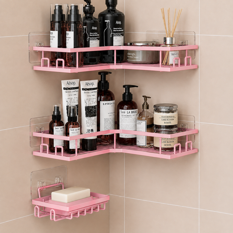 Pink No-Drill Corner Shower Caddy Set