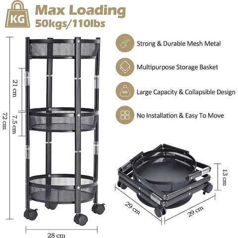 Black 3 Tier Rotating Kitchen storage rack with wheels