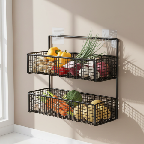 2 layer wall mounted basket with adhesive stickers large size