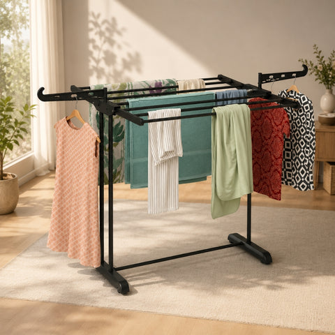 Rust Free Folding Cloth Drying Stand | Multi-Tier Laundry Organizer With Extendable Wings | Space-Saving Durable Rack For Clothes