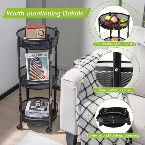 Black 3 Tier Rotating Kitchen storage rack with wheels