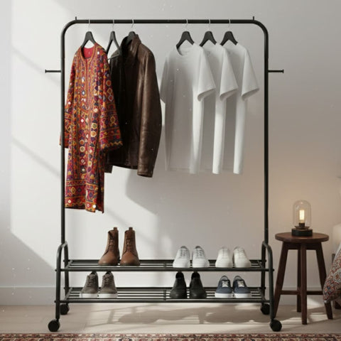 Cloth hanging stand Rack Double Shoes Rack Stand With Wheels