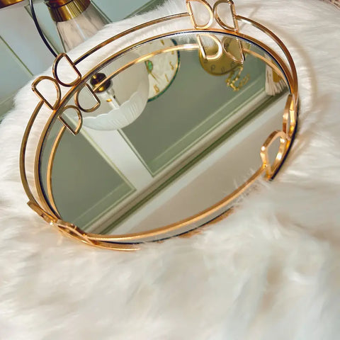 1pc Elegant Round Metal Glass Mirror Tray - Iron Frame with Golden Accents, Reflective Surface Jewelry & Cosmetic Organizer for Vanity,