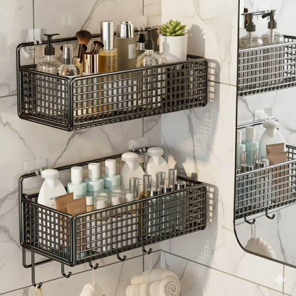 2-Pack Basket with Adhesive Hooks Space-Saving Organizer for Bathroom,