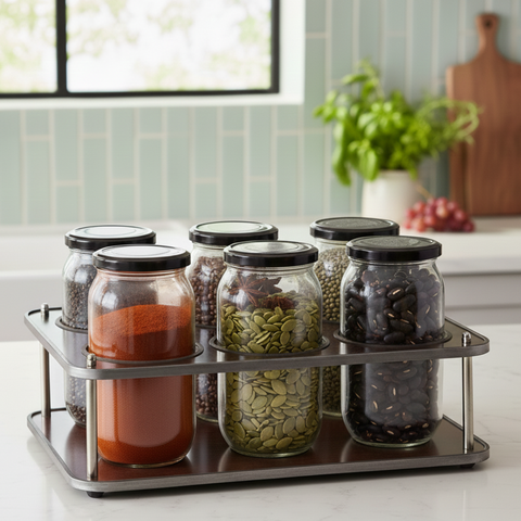 6 (1000 ml) Glass Jars with Wooden Rack and Free 16 waterproof stickers