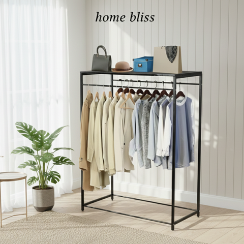 Double Sided Clothes Hanging Stand With Wooden Shelf