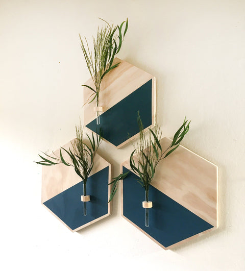 2 Pc Hexagon Wood Frame With Glass Tube ( Plant Not Included)