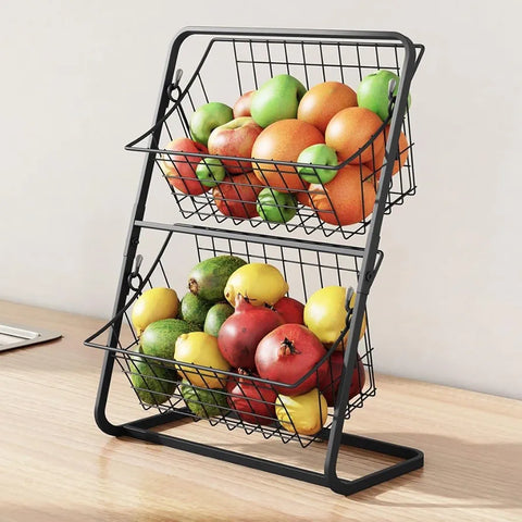 2-Tier Countertop Fruit Basket Stand - Removable Metal Wire Fruit Bowl