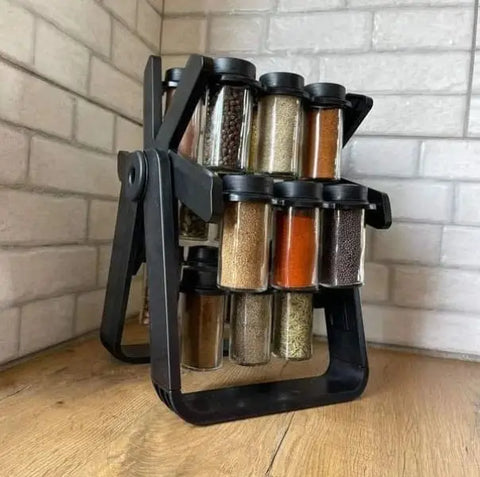 18-Jar Rotating Spice Rack Organizer Set – Windmill Design with Glass Jars, Spice Labels & Funnel – Complete Kitchen Spice Storage Solution