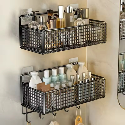 2-Pack Basket with Adhesive Hooks Space-Saving Organizer for Bathroom,
