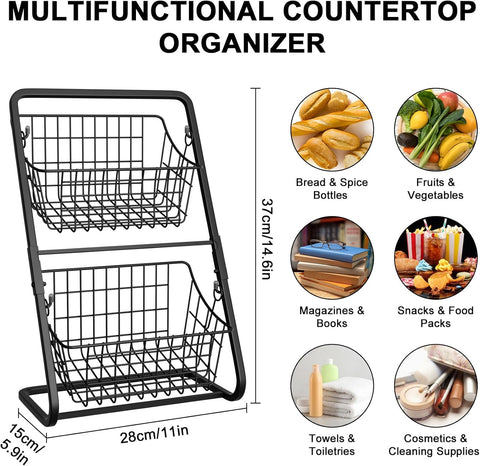 2-Tier Countertop Fruit Basket Stand - Removable Metal Wire Fruit Bowl