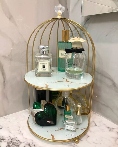 2-Tier Golden Vanity Cage" makeup organizer