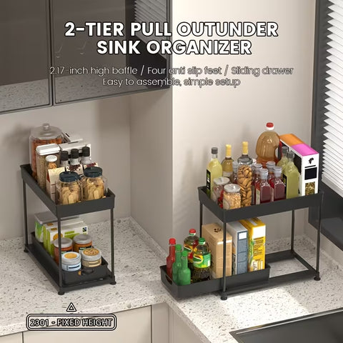 2 Tier Kitchen Shelf, Multi-functional Carbon Steel Rust Proof &Strong Load Bearing