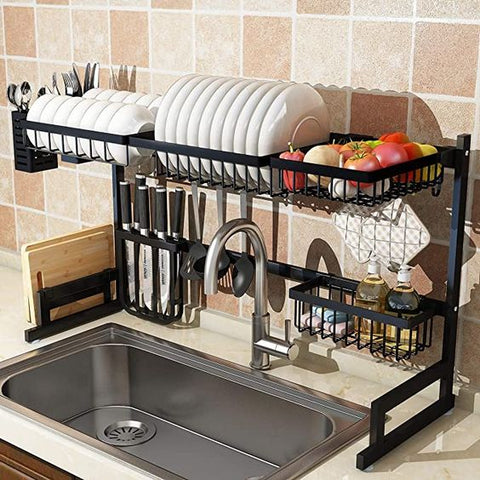 Over Sink Dish Drying Rack with Knife Holder, Utensil Organizer & Multiple Baskets - Kitchen Storage Space Saver