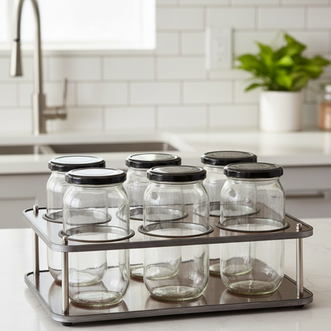 6 (1000 ml) Glass Jars with Wooden Rack and Free 16 waterproof stickers