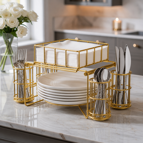 Luxury Gold -Cutlery, Plates And Napkin Holder