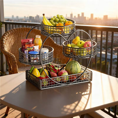 A Heart-Shaped Three-Tier Metal Fruit Basket