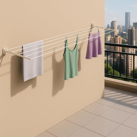 Wall Mounted Foldable Drying Stand. Expand as much as u need With 45 ft Rope. ( Heavy Duty and Rust Free Material)